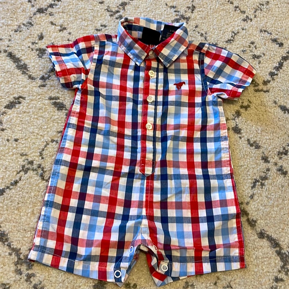 Wrangler 3-6 month boy plaid short sleeve collared romper